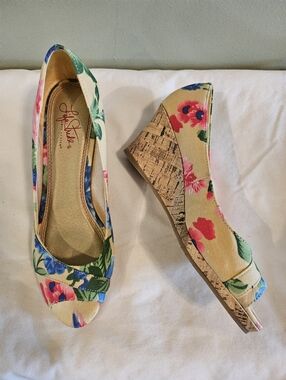 Life Stride Yellow Floral Cork Wedge Peep-Toe